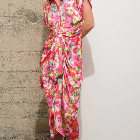 NWT Hawaiian Tropical Floral Print Ruched Tie Front Satin Shift Dress - Picture 3 of 6